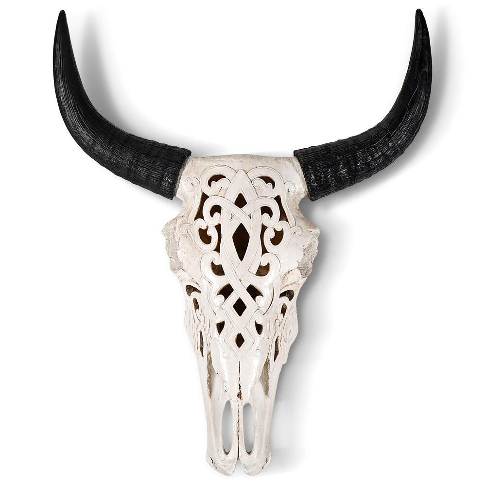 6104 Cow Skull Carved White + Black Faux Steer Skull - 19" Faux Taxidermy